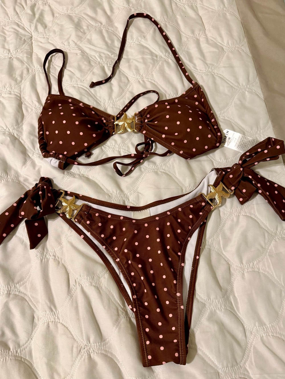SHEIN Brown Polka Dot Tie-Side Bikini with Pink Dots